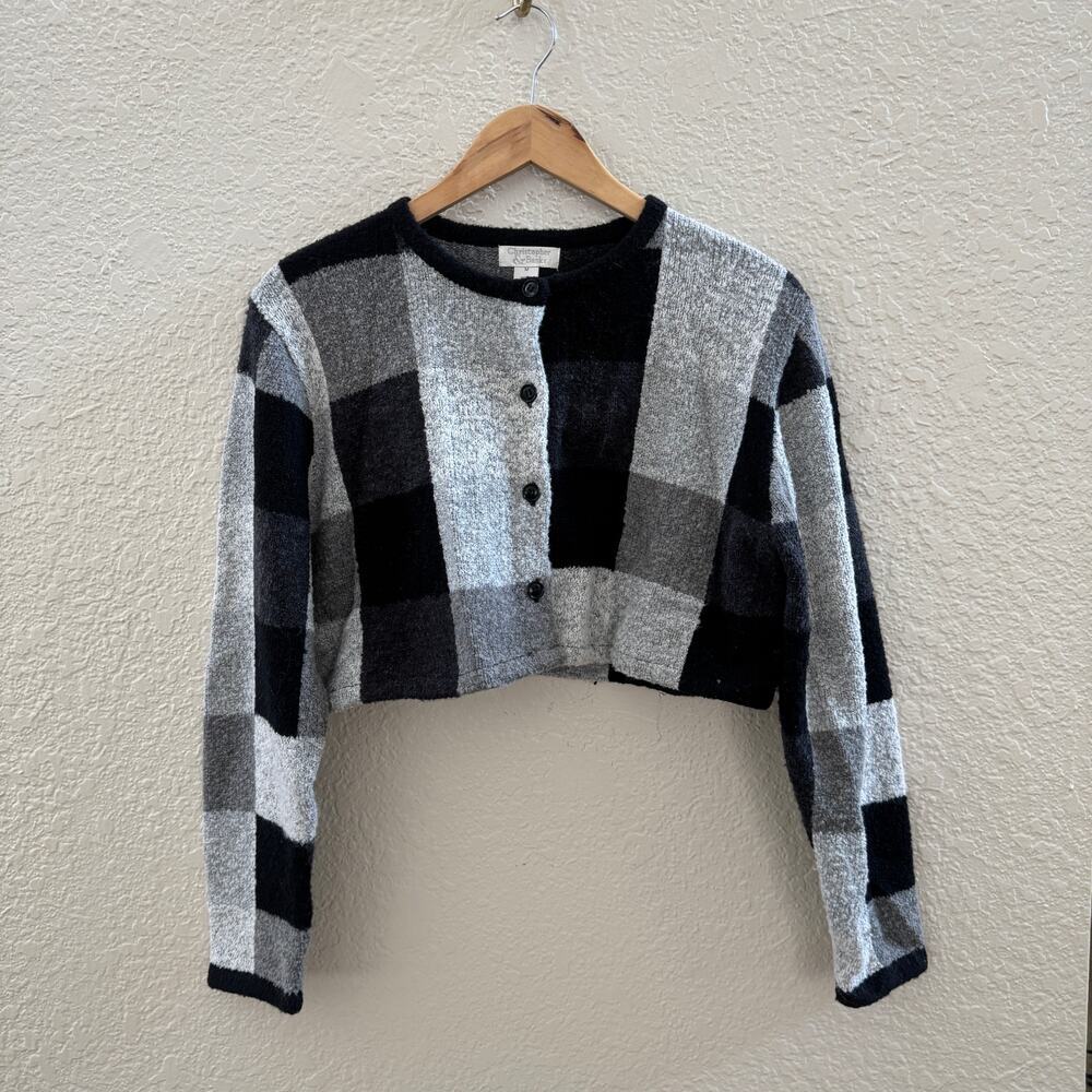 Vintage 90's Cropped Knit Gray Abstract Checkered Cardigan Sweater